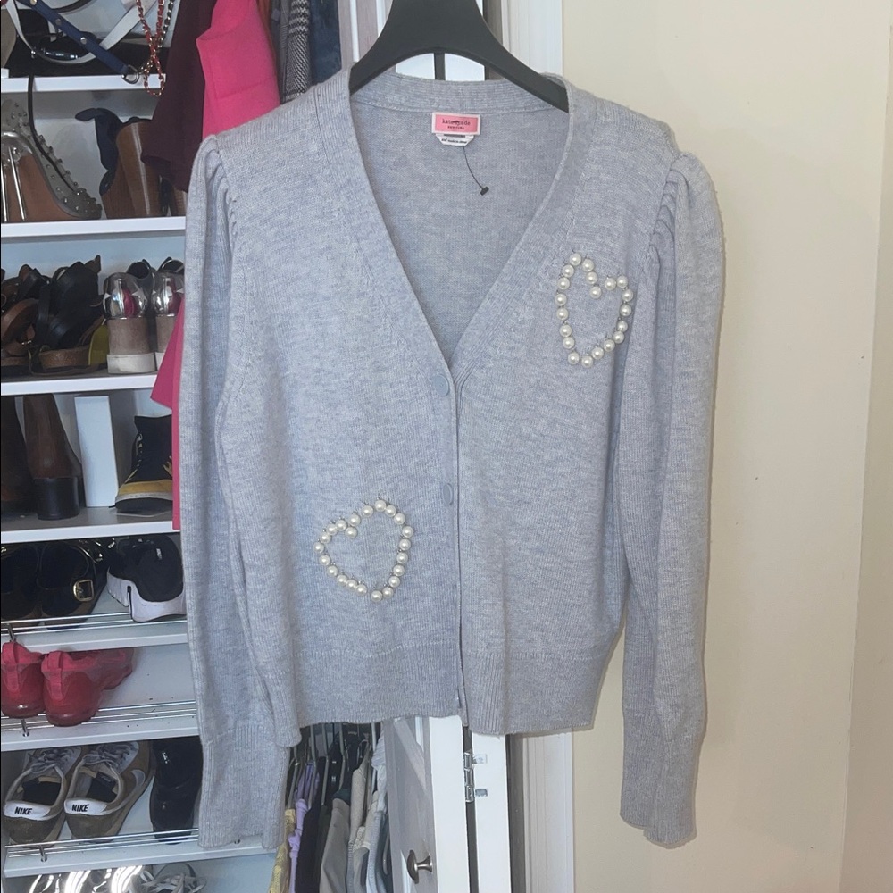 Kate Spade Light Gray Pearl Heart Trim V-Neck Cardigan Sweater - Women